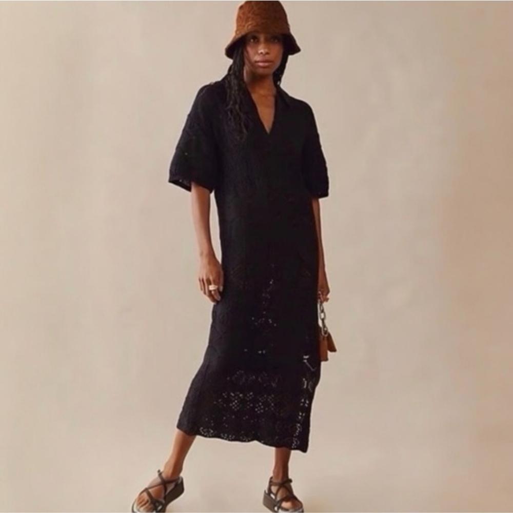 Free People Beach Islamorada Fauxchet Sweater Maxi Dress Crochet Black Large New